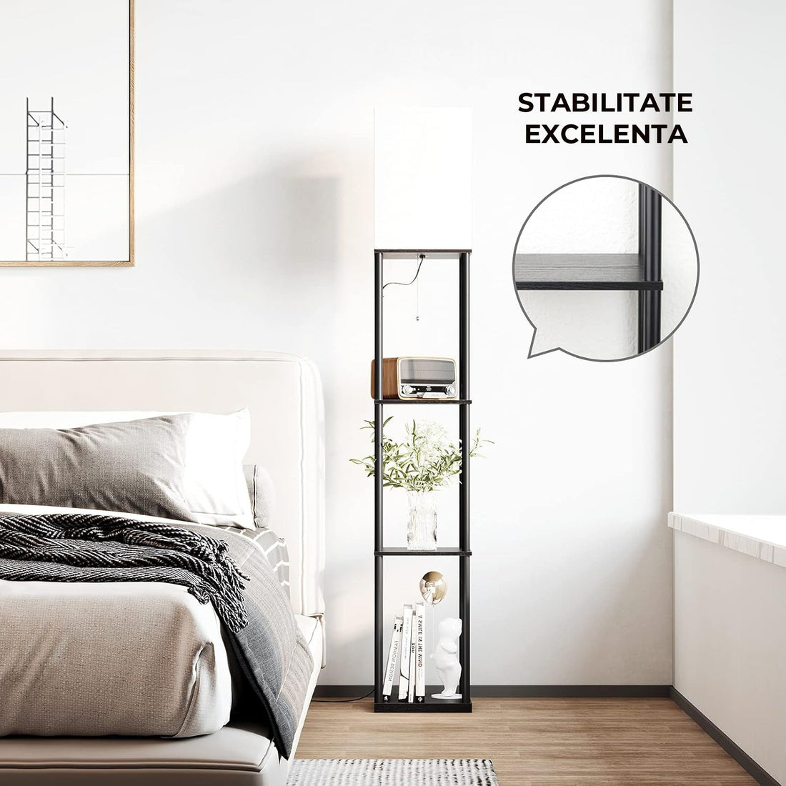 Lampa de Podea Elindor® cu Rafturi si Structura Solida, Abajur Textil si Lumina Reglabila in 3 Trepte de Culoare, Negru