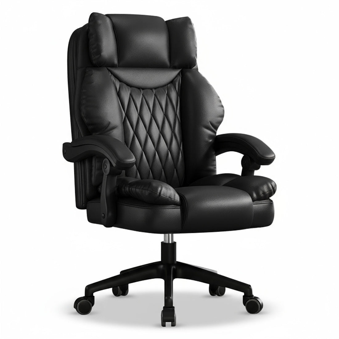 Scaun de Birou Elindor® Ergonomic, Design Contemporan, Scaun cu Spatar si Manere, din Piele PU cu Suport pentru Picioare si Roti, Latime Sezut 58 cm, Inaltime intre 48-56 cm, Negru