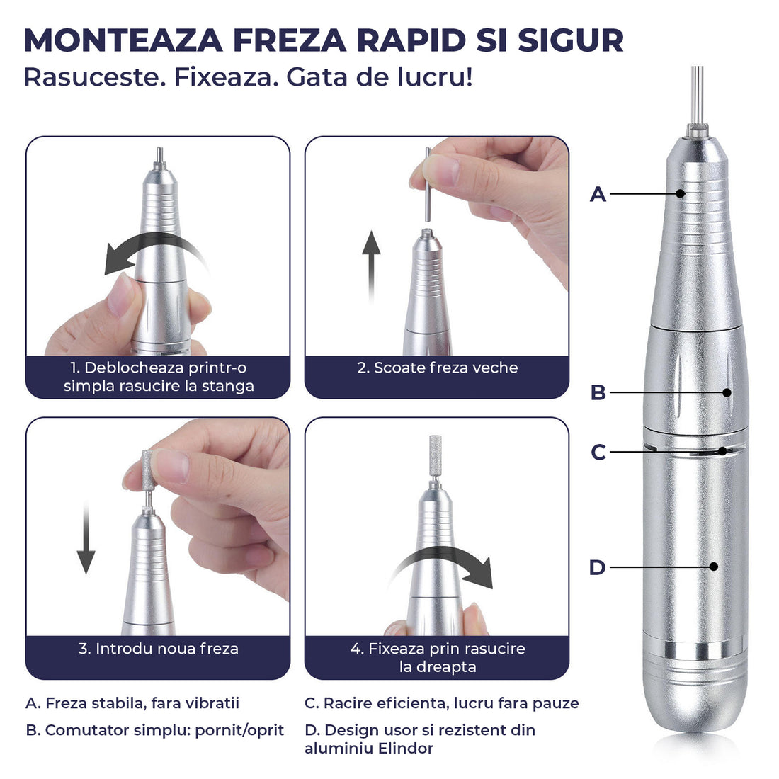 Freza Unghii Electrica Elindor® cu Suport Pila Electrica Reincarcabila, Set Complet de Ingrijire pentru Manichiura si Pedichiura Profesionala, Cuticule sau Calcaie, 45000 RPM, Viteza Reglaj Continuu, 6 Capete Detasabile, 6 Benzi Abrazive, Ecran LCD, Alb