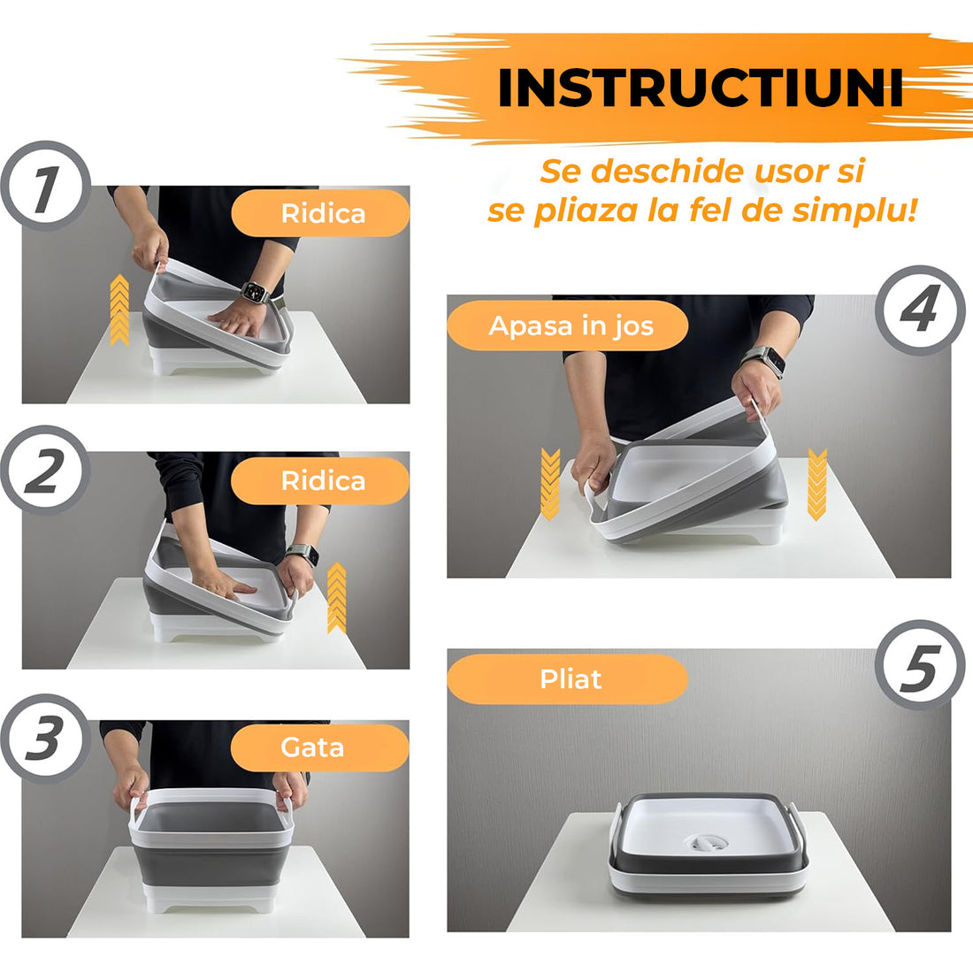 Lighean Pliabil Elindor® cu Dop de Scurgere, din Plastic Dur, Mare, Cos Rufe pentru Baie, Cadita pentru Animale de Companie, Ideal pentru Camping / Rulota, Baza Antialunecare, 30.5×31.5×20 cm, Gri / Alb