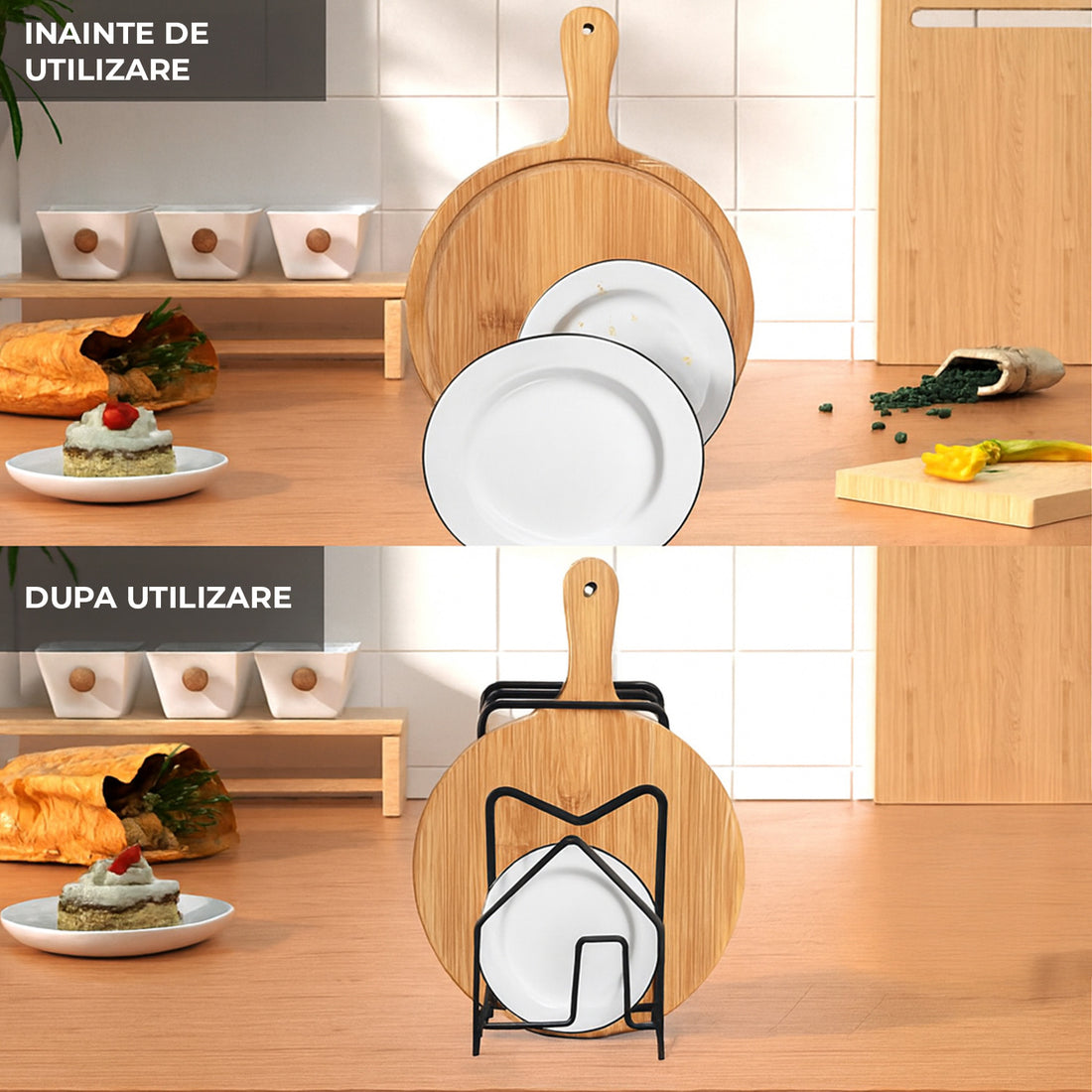 Suport Tocatoare Metalic Elindor® Organizator Compact si Elegant pentru Bucatarie, Baza Antiderapanta, Ideal pentru Tocatoare, Capace Oale si Tigai, Ustensile Bucatarie, Carti, 12.5 × 14.5 × 21.5 cm, Negru