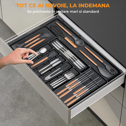Organizator Extensibil Elindor® pentru Tacamuri si Ustensile de Bucatarie, 9 Compartimente, Sertar Extensibil 36.8-48.3 cm si 33.5 – 55.9 cm, Suport Ajustabil pentru Cutite, Linguri, Furculite, Negru