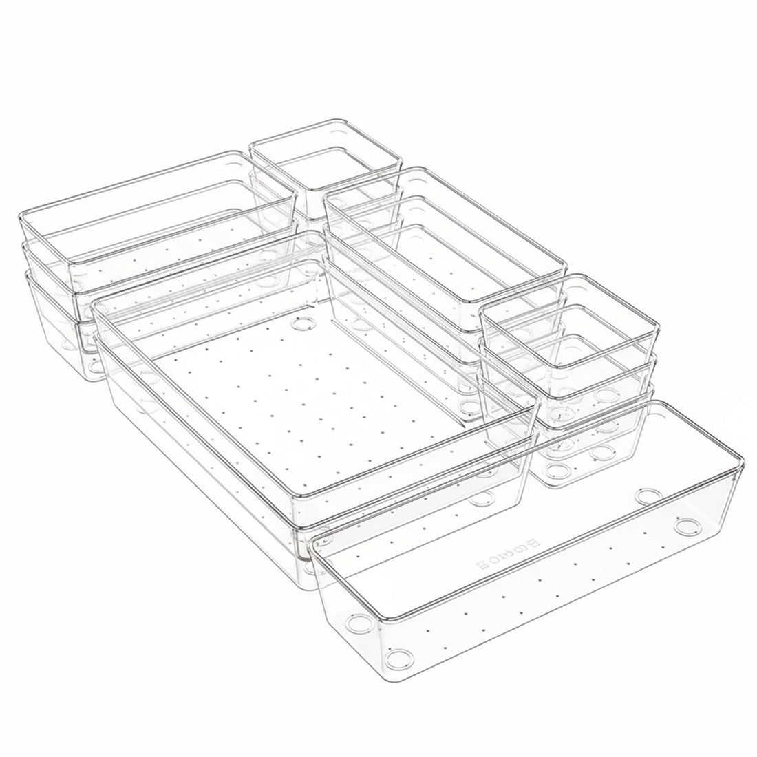 Set 12 Cutii Depozitare Elindor® Organizator pentru Bucatarie si Baie, 4 Marimi, Organizatoare Dulap si Sertare, Cutie pentru Sertar, Frigider, Camara, Baie, Bar, Birou, Cos Multifunctional, Separator Fructe, Legume, Creme, Parfumuri, Plastic Acrilic