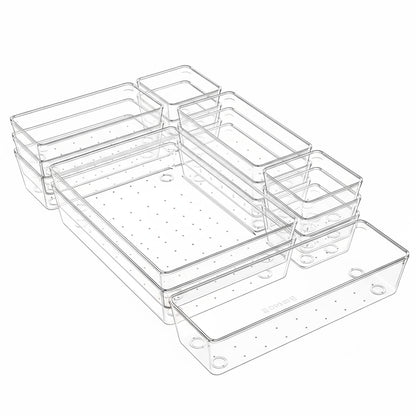 Set 12 Cutii Depozitare Elindor® Organizator pentru Bucatarie si Baie, 4 Marimi, Organizatoare Dulap si Sertare, Cutie pentru Sertar, Frigider, Camara, Baie, Bar, Birou, Cos Multifunctional, Separator Fructe, Legume, Creme, Parfumuri, Plastic Acrilic