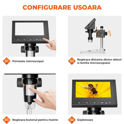 Microscop Digital Elindor® Ecran LCD, 8 LED-uri Reglabile, Compatibil Windows Mac, Suport Ajustabil, Baterie Reincarcabila, Microscop Portabil pentru Monede, Bijuterii, Educatie STEM
