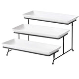 Suport Etajat Elindor® 3 Tavi Ceramica Alb, Pliabil si Stabil, Cadru Metalic Negru, pentru Deserturi, Aperitive, Fructe, Evenimente si Decor Elegant, Ideal pentru Petreceri, Aniversari, Casa Noua