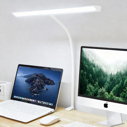 Lampa de Birou Elindor® Ultra-Wide, Alba cu LED, Nivel de Luminozitate Reglabil de la 2700K pana la 6500K, Veioza cu Clema Metalica si Brat Reglabil, Protectie pentru Ochi, Inaltime Totala 66 cm, Latime 40 cm