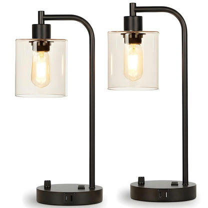 Set 2 Veioze de Noptiera Elindor® Veioza Aurie cu Intrerupator Rotativ de Reglare a Intensitatii, Lampa cu Baza Metalica si Abajur din Sticla, Lampa pentru Camera de Zi, pentru Dormitor, Sufragerie, Birou, 2 Porturi USB, Antialunecare, 20 x 15 x 41 cm