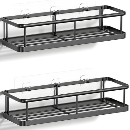 Set 2 Rafturi de Dus Elindor® Polita cu Adeziv, Etajera de Baie, Raft cu Carlige, din Metal, Suport Prosop si Sapun, Organizator Baie sau Etajere Depozitare in Bucatarie, Accesorii, 31.5 x 11 x 6.5 cm, Negru