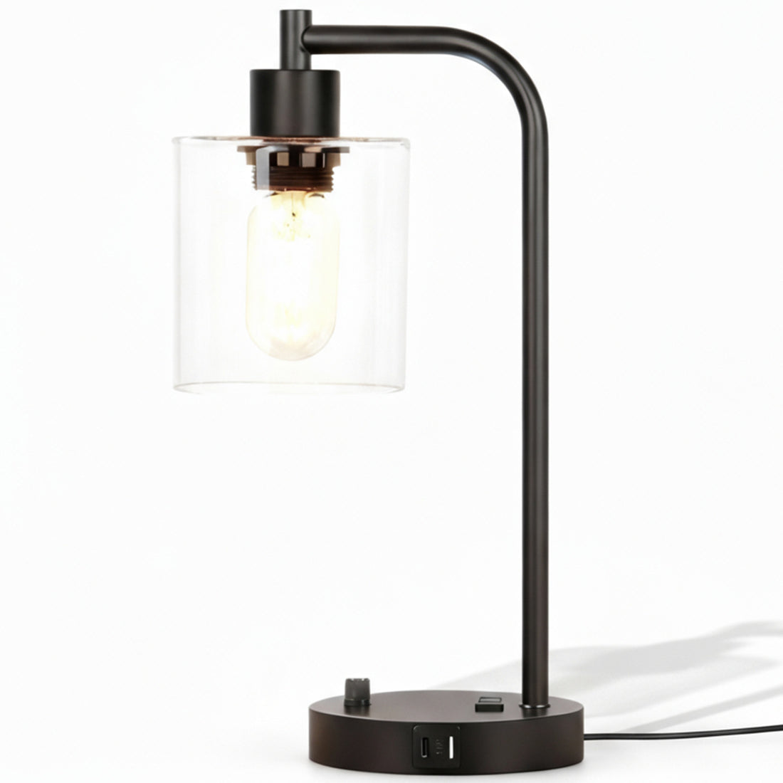 Veioza de Noptiera Elindor® cu Intrerupator Rotativ de Reglare a Intensitatii, Lampa cu Baza Metalica si Abajur din Sticla, Lampa pentru Camera de Zi, pentru Dormitor, Sufragerie, Birou, 2 Porturi USB, Antialunecare, 20 x 15 x 41 cm, Negru