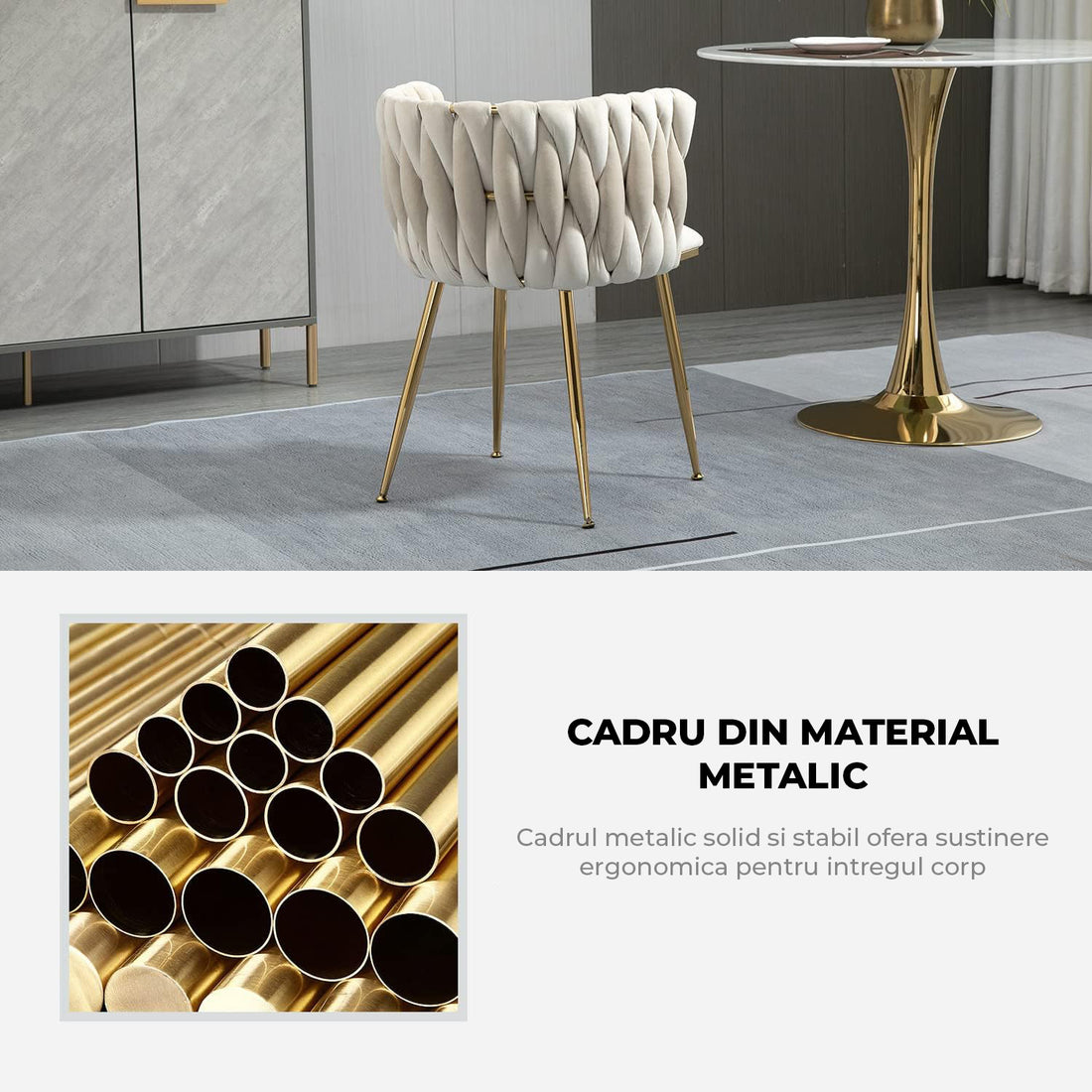 Set 2 Scaune Elindor® Ergonomice, Tip Scoica, Design Contemporan, Scaun cu Spatar si cu Manere, din Catifea cu Picioare Metalice Aurii, Potrivite pentru Living, Bucatarie, Birou, Dormitor, Bej