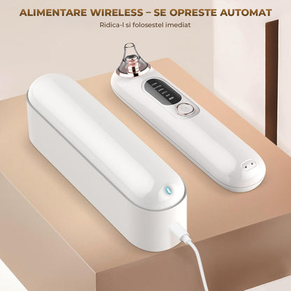 Aspirator Puncte Negre Elindor® 5 Trepte de Aspirare si Extractie pentru Fata, 4 Capete de Schimb, Tehnologie Vacuum pentru Ingrijire Ten, Extractor Sebum si Cosuri, Aparat Reincarcabil USB pentru Ingrijirea Tenului, Alb