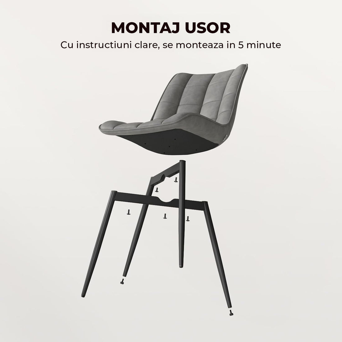 Set 2 Scaune Elindor® Ergonomice, Design Contemporan, Scaun cu Spatar si fara Manere, din Catifea cu Picioare Metalice Negre, Potrivite pentru Living, Bucatarie, Birou, Dormitor, Latime Sezut 46 cm, 85.5 x 45 x 42 cm, Gri