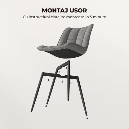 Set 2 Scaune Elindor® Ergonomice, Design Contemporan, Scaun cu Spatar si fara Manere, din Catifea cu Picioare Metalice Negre, Potrivite pentru Living, Bucatarie, Birou, Dormitor, Latime Sezut 46 cm, 85.5 x 45 x 42 cm, Gri