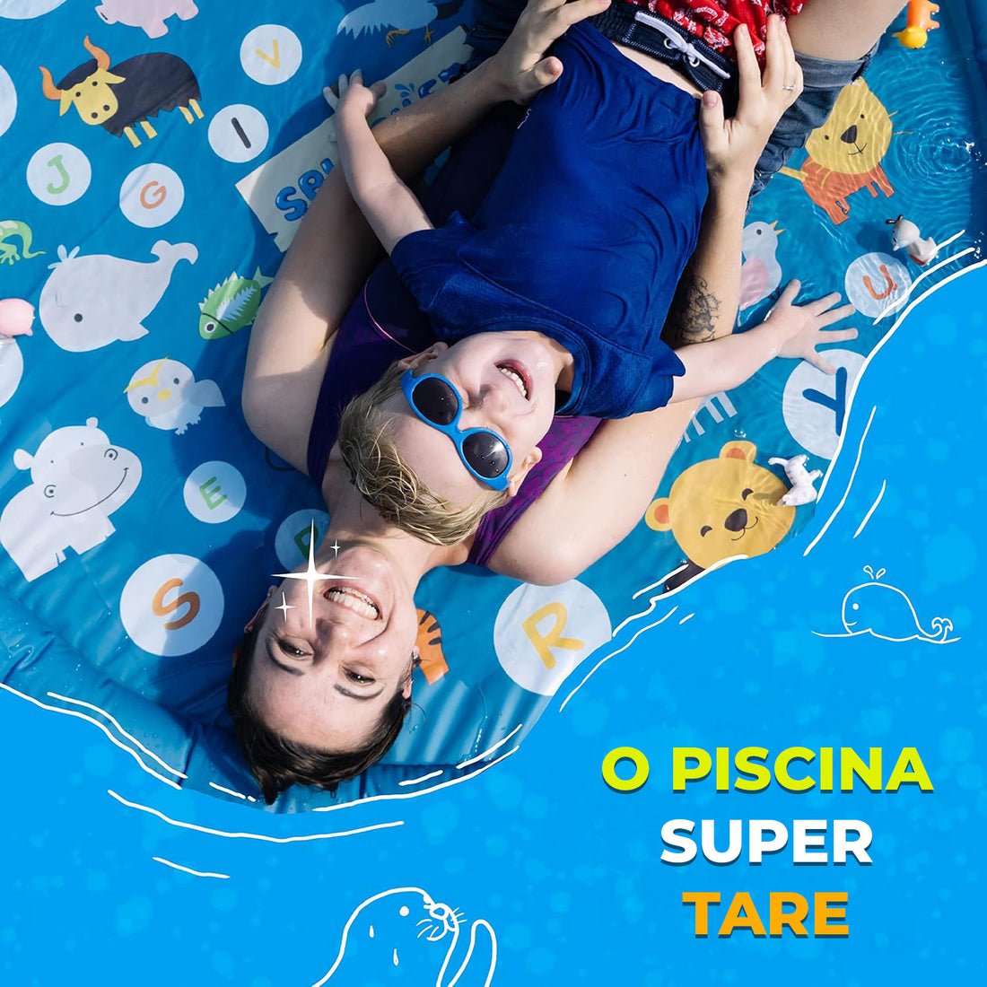 Piscina Gonflabila Elindor® 3-in1, cu Jeturi de Apa pentru Copii, Model Litere si Animale Salbatice, de Interior / Exterior, Distractie si Educatie, Jucarii Bebelusi si Copii, Instalare Rapida, Diametru 1 m, Bleumarin