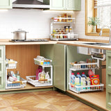 Organizator Multifunctional Elindor® pe 2 Nivele, 2x Sertar Glisant, Montat pe Blat sau in Dulap sub Chiuveta, Suport Metalic Organizare, pentru Bucatarie, Baie, Camara, Bar, Raft cu Sertare Depozitare Legume, Detergenti, Parfumuri, 40.×30×43 cm, Alb