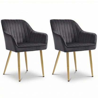 Set 2 Scaune Elindor® Ergonomice, Design Contemporan, Scaun cu Spatar si cu Manere, din Catifea cu Picioare Metalice Negre, Potrivite pentru Living, Bucatarie, Birou, Dormitor, 83 × 55.5 × 43 cm, Gri