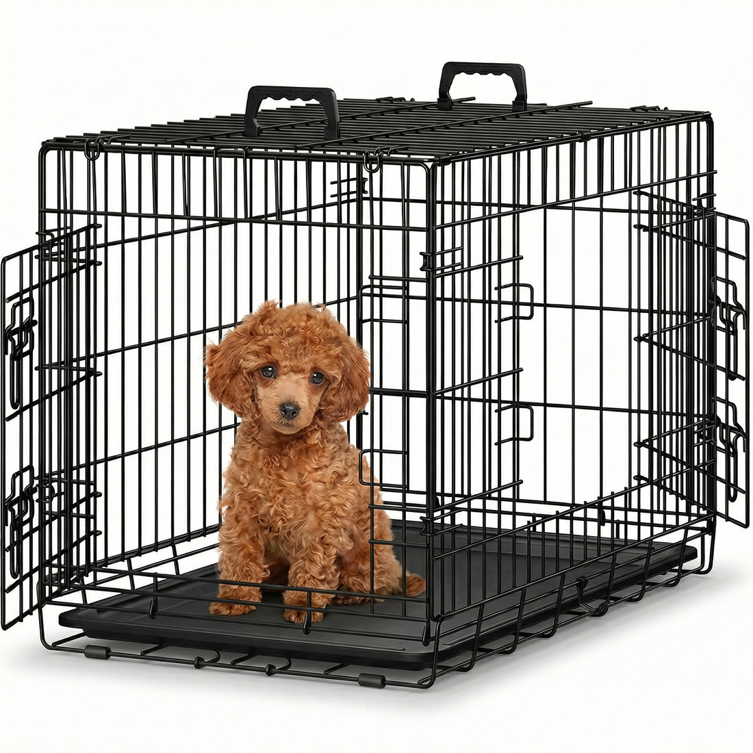 Cusca pentru Animale Elindor® Pliabila, Potrivita pentru Caini de Talie Mica, Medie de 7.5 Kg, Utilizare in Interior si Exterior sau Calatorii, cu 2 Usi, Baza din Plastic Detasabila, 2 Manere pentru Transport, Marime M, 61.5 × 43.5 × 50.5