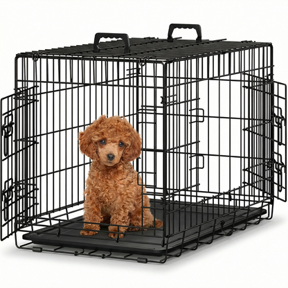 Cusca pentru Animale Elindor® Pliabila, Potrivita pentru Caini de Talie Mica, Medie de 7.5 Kg, Utilizare in Interior si Exterior sau Calatorii, cu 2 Usi, Baza din Plastic Detasabila, 2 Manere pentru Transport, Marime M, 61.5 × 43.5 × 50.5