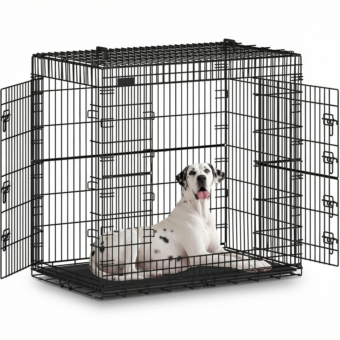 Cusca pentru Animale Elindor® Pliabila, Potrivita pentru Caini de Talie Medie si Mare de 19 Kg, Utilizare in Interior si Exterior sau Calatorii, cu 2 Usi, Baza din Plastic Detasabila, 2 Manere pentru Transport, Marime XL, 91×56.5×64.5 cm,