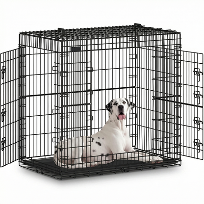 Cusca pentru Animale Elindor® Pliabila, Potrivita pentru Caini de Talie Medie si Mare de 19 Kg, Utilizare in Interior si Exterior sau Calatorii, cu 2 Usi, Baza din Plastic Detasabila, 2 Manere pentru Transport, Marime XL, 91×56.5×64.5 cm,