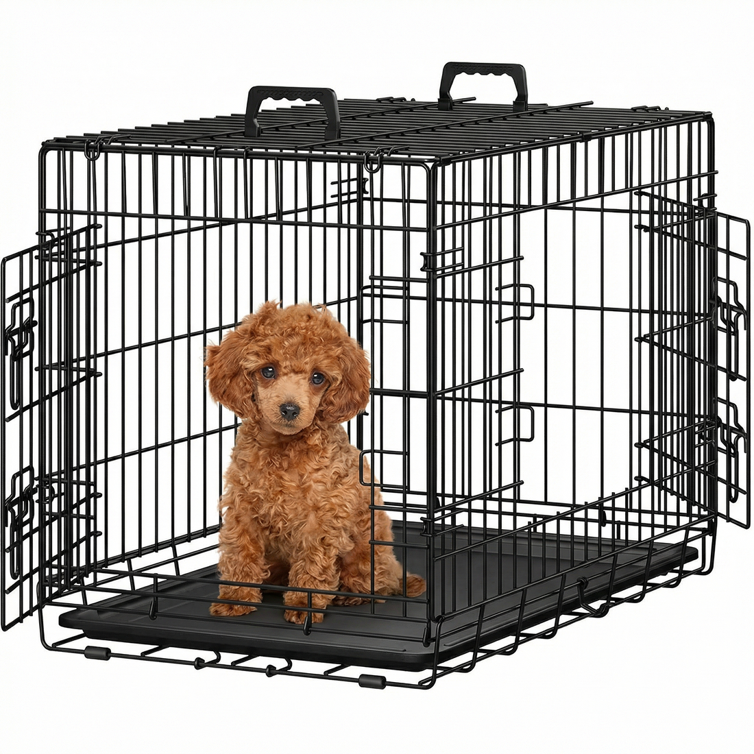 Cusca pentru Animale Elindor® Pliabila, Potrivita pentru Caini de Talie Mica, Medie de 7.5 Kg, Utilizare in Interior si Exterior sau Calatorii, cu 2 Usi, Baza din Plastic Detasabila, 2 Manere pentru Transport, Marime M, 61.5 × 43.5 × 50.5