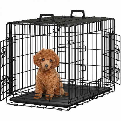 Cusca pentru Animale Elindor® Pliabila, Potrivita pentru Caini de Talie Mica, Medie de 7.5 Kg, Utilizare in Interior si Exterior sau Calatorii, cu 2 Usi, Baza din Plastic Detasabila, 2 Manere pentru Transport, Marime M, 61.5 × 43.5 × 50.5