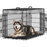 Cusca pentru Animale Elindor® Pliabila, Potrivita pentru Caini de Talie Medie si Mare de 23 Kg, Utilizare in Interior si Exterior sau Calatorii, cu 2 Usi, Baza din Plastic Detasabila, 2 Manere pentru Transport, Marime XXL, 107×69.5×75 cm,