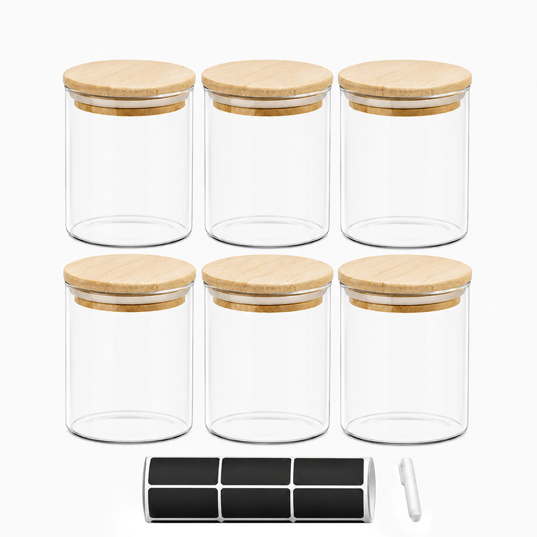 Set 6 Borcane din Sticla Elindor® cu Capac Ermetic din Bambus, Borcan 500 ml, Marker si Etichete Incluse, Ideal pentru Condimente, Fructe Uscate, Zahar, Cafea, Recipient Depozitare in Bucatarie, 10.8 × 8.5 cm, Transparent