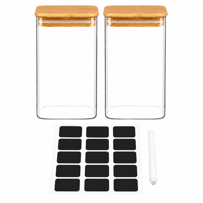 Set 2 Borcane din Sticla Elindor® cu Capac Ermetic din Bambus, Borcan 1200 ml, Marker si Etichete Incluse, Ideal pentru Condimente, Fructe Uscate, Cafea, Zahar, Recipient Depozitare in Bucatarie, 15 × 10 cm, Transparent