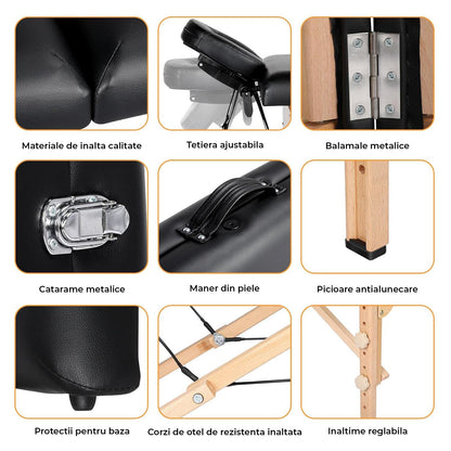 Masa de Masaj Elindor® cu Tetiera, Pliabila si Portabila, Universala, Usor de Transportat, Pat Cosmetica, Saltea Burete, Inaltime Reglabila 64-86 cm, Greutate Maxima Suportata 100 kg, Lemn/Piele ecologica, Negru