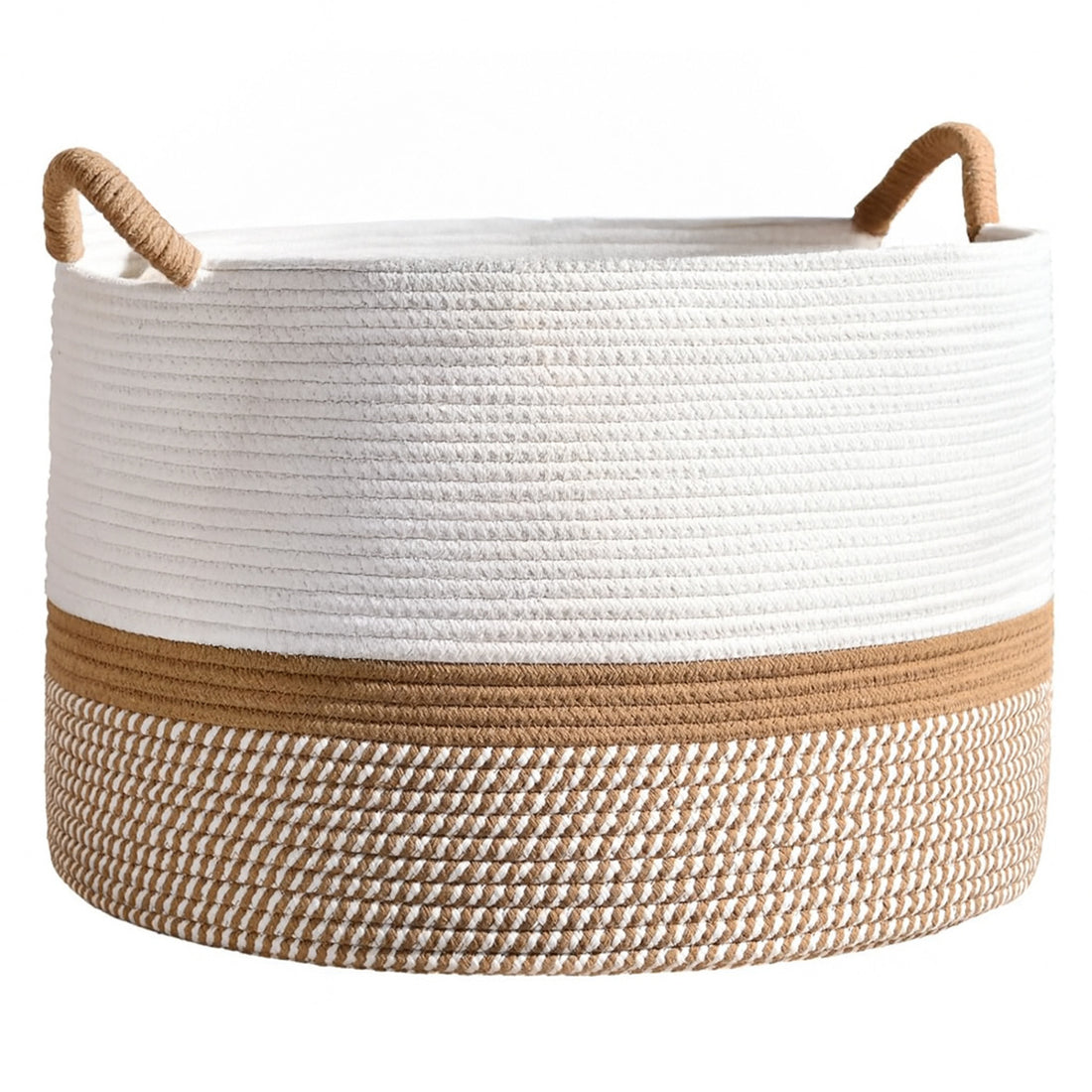 Cos de Rufe Elindor® Ideal pentru Haine Murdare, Jucarii, Diverse Obiecte, Recipient Sortare Rotund de 65 L, pentru Casa, Baie, Living, Hol, Camera Copiilor sau Hotel, 50×50×33 cm., Impletit din Franghie din Bumbac, Alb / Maro