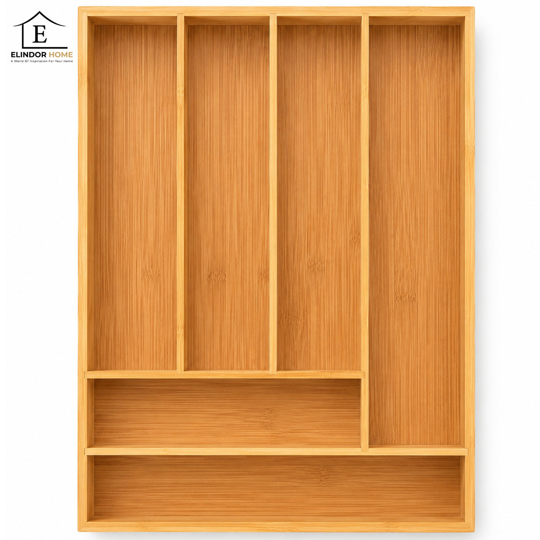 Organizator Fix Elindor® din Bambus, pentru Depozitare Tacamuri si Ustensile de Bucatarie, Furculite, Linguri, Cutite, Suport 6 Compartimente, Separator Sertare Spatios, Accesorii Organizare, Sertar 43 x 30.5 x 5 cm, Bej