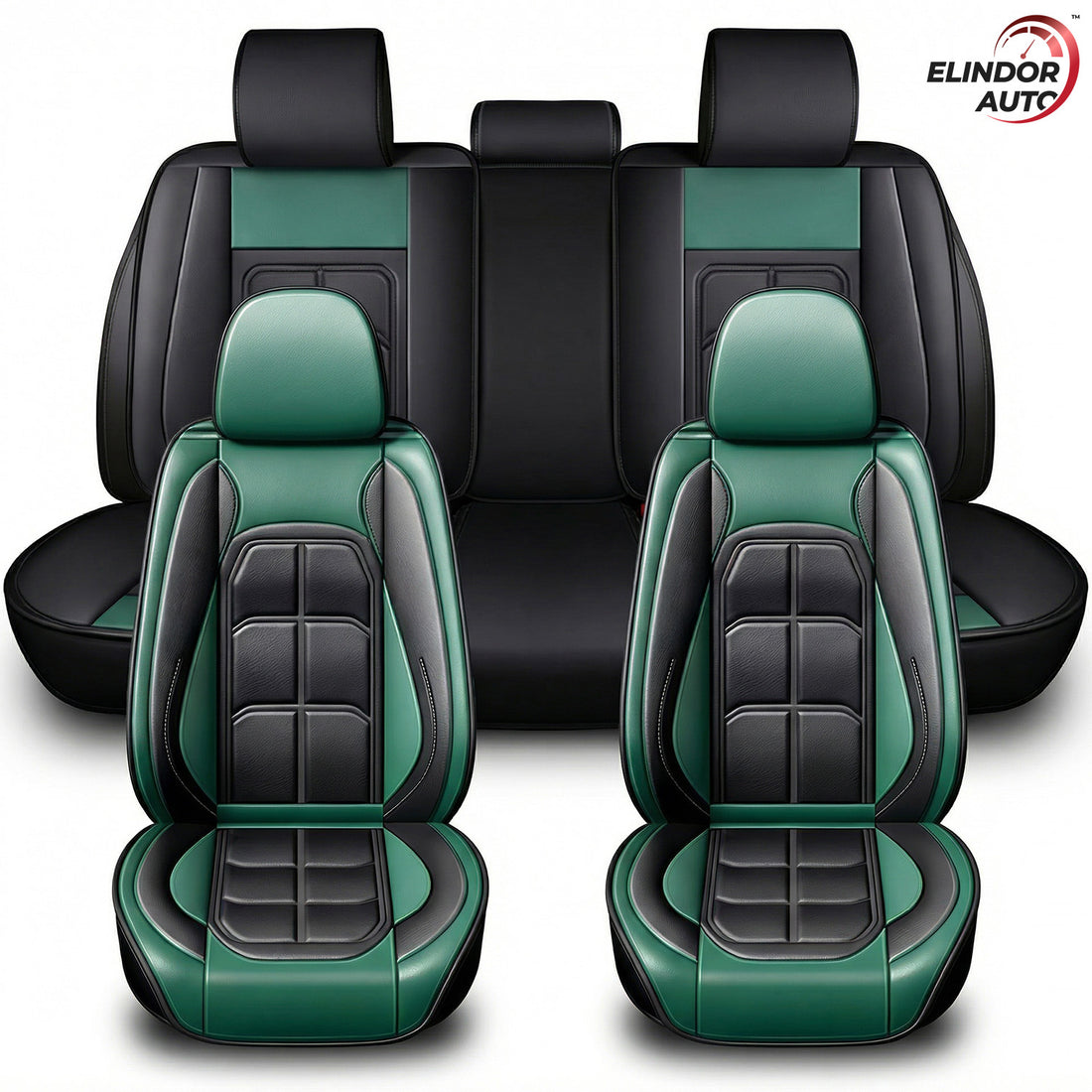 Set 5 Huse Scaune Auto Elindor® Universale, Husa pentru Protectie Sezut si Spatar Scaun Fata si Bancheta Spate, Impermeabila, Piele Ecologica, Accesorii Masina Huse Interior, Verde Inchis