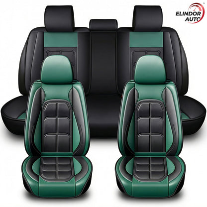 Set 5 Huse Scaune Auto Elindor® Universale, Husa pentru Protectie Sezut si Spatar Scaun Fata si Bancheta Spate, Impermeabila, Piele Ecologica, Accesorii Masina Huse Interior, Verde Inchis