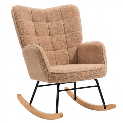 Fotoliu Balansoar Elindor® cu Spatar Inalt, Pufos, Ergonomic, Cadru Solid din Otel si Lemn, Suporta 120 kg, Ideal pentru Camera Copilului, Living sau Dormitor, 101 × 98× 71 cm, Maro