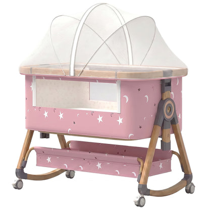 Patut Pliabil Bebelusi Elindo® 3 in 1, Copii 0-6 luni, Leagan Bebe pe 6 Nivele de Inaltime, Cos Depozitare, Portabil, Plasa Laterala, Roti cu Sistem Blocare, Saltea Integrata, Greutate Maxima 9-12 kg, Model cu Stele, Roz