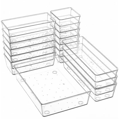 Set 16 Cutii Depozitare Elindor® Organizator pentru Bucatarie si Baie, 4 Marimi, Organizatoare Dulap si Sertare, Cutie pentru Sertar, Frigider, Camara, Baie, Bar, Birou, Cos Multifunctional, Separator Fructe, Legume, Creme, Parfumuri, PP