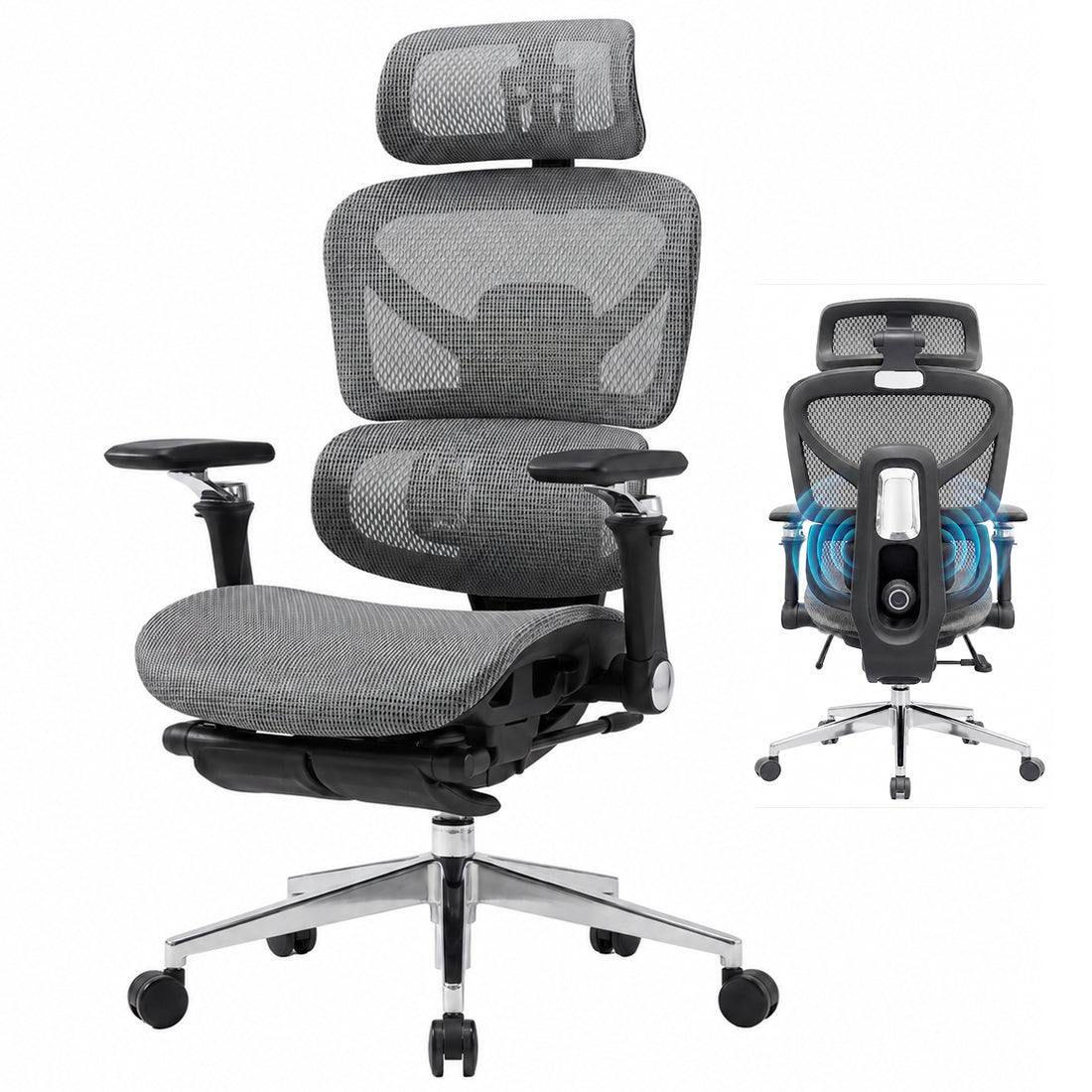 Scaun de Birou Elindor® Ergonomic, cu Functie de Masaj, Scaun cu Spatar si Manere, din Plasa, Suport pentru Picioare si Lombar, cu Roti, Inaltime Reglabila 115 - 125 cm, Negru