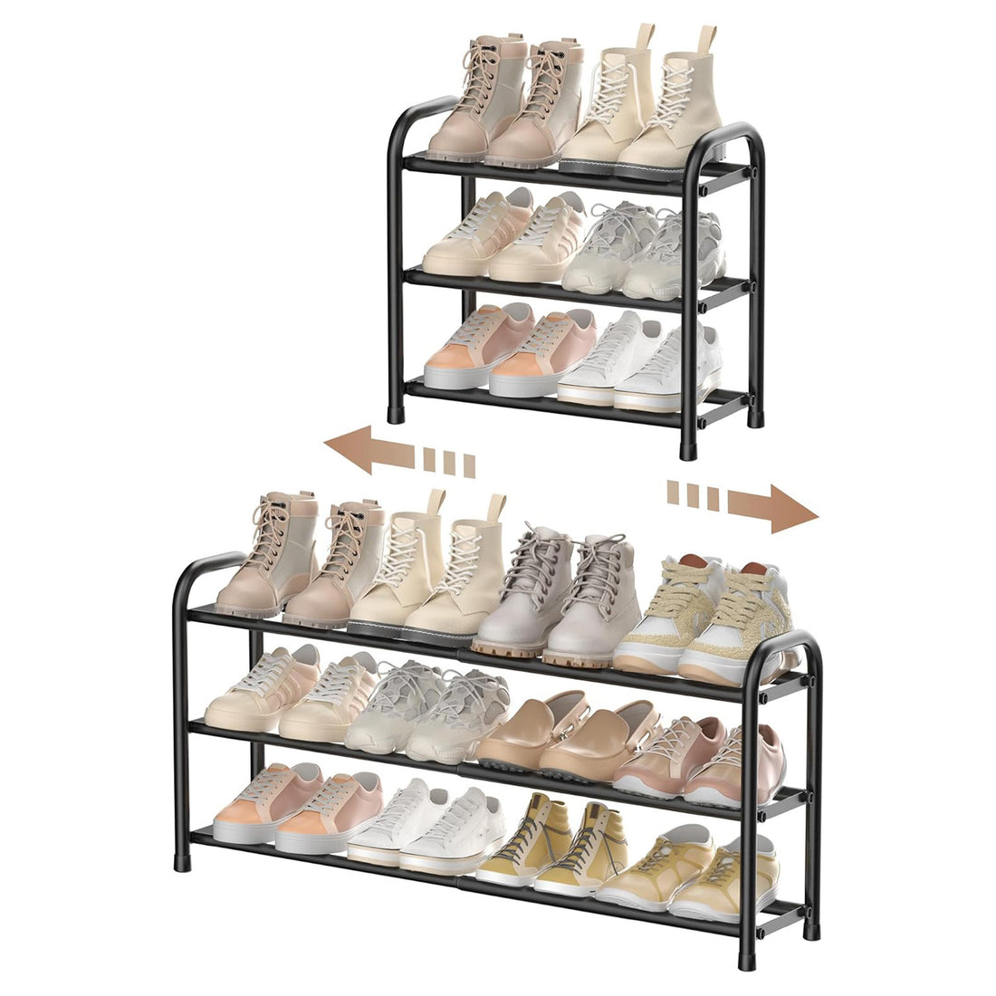 Organizator Extensibil pentru Pantofi Elindor® Pantofar cu 3 Nivele Mari, Fara Gauri, Suport Metalic pentru Papuci, Dulap Hol, Dormitor, Economisire Spatiu, Depozitare Incaltaminte, 45–83 × 22.6 × 43.3 cm, Negru