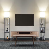 Lampa de Podea Decorativa Elindor® cu Structura Metalica, Rafturi de Depozitare,Abajur Textil, Negru