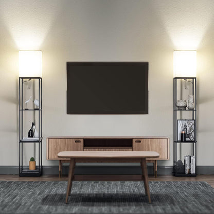 Lampa de Podea Decorativa Elindor® cu Structura Metalica, Rafturi de Depozitare,Abajur Textil, Negru