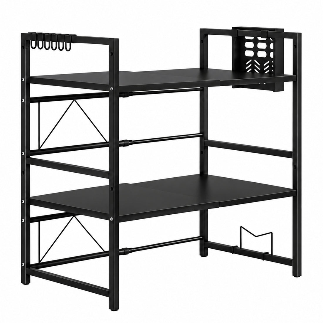 Raft Extensibil Elindor® pe 2 Niveluri, din Otel Carbon, pentru Bucatarie, Organizator Metalic Reglabil, Ideal ca Etajera Depozitare in Camara, Perfect pentru Condimente, Polita Vesela, Farfurii, 40-64 x 36 x 79 cm, Negru