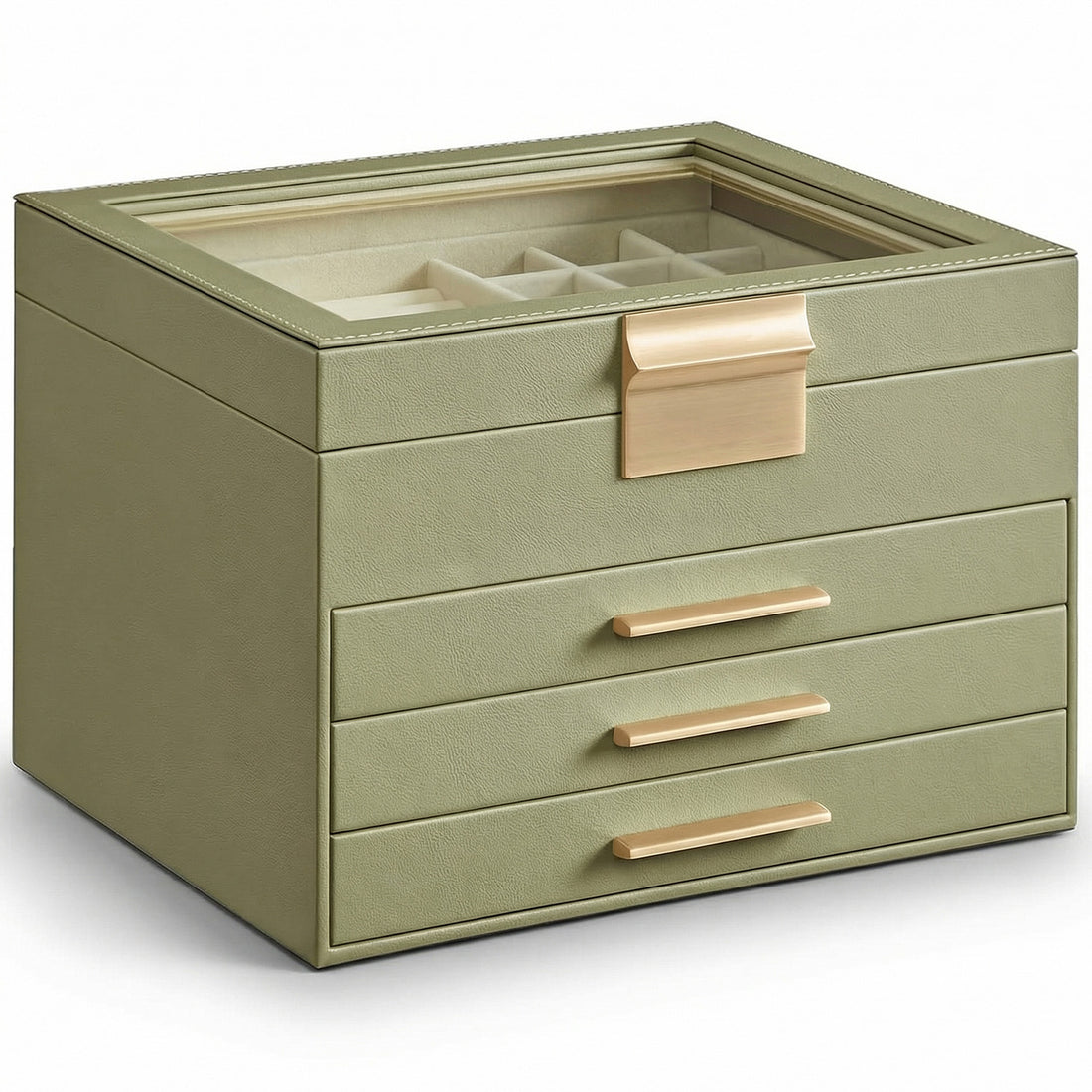 Cutie de Bijuterii Elindor® cu Capac, Organizator 4 Niveluri, 3x Sertar, Spatiu Depozitare Inel, Verighete, Lantisoare, Bratari, Cercei, Caseta din Material Catifelat, Rafinat, Simplu si Elegant, Piele Ecologica, 23×20x16.5 cm, Verde Masliniu