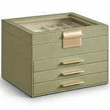 Cutie de Bijuterii Elindor® cu Capac, Organizator 4 Niveluri, 3x Sertar, Spatiu Depozitare Inel, Verighete, Lantisoare, Bratari, Cercei, Caseta din Material Catifelat, Rafinat, Simplu si Elegant, Piele Ecologica, 23×20x16.5 cm, Verde Masliniu