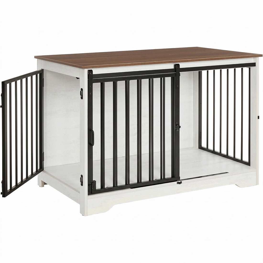 Cusca pentru Animale Elindor® Tip Mobila, Potrivita pentru Caini de Talie Medie, Utilizare in Interior, cu 2 Usi, o Usa Glisanta, Baza Solida, Marime L, 100 x 60 x 68 cm, Alb / Maro