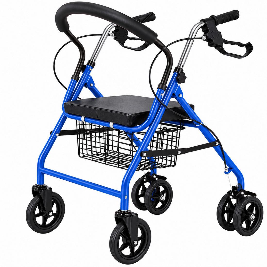 Cadru de Mers Elindor®, Pliabil, cu 4 Roti, Sezut Captusit, Spatar, Frane de Mana cu Blocare, Manere Reglabile pe 4 Niveluri, Cos Depozitare, pentru Persoanele cu Dificultati Locomotorii sau in Etate, Sarcina 120 kg, Albastru