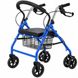 Cadru de Mers Elindor®, Pliabil, cu 4 Roti, Sezut Captusit, Spatar, Frane de Mana cu Blocare, Manere Reglabile pe 4 Niveluri, Cos Depozitare, pentru Persoanele cu Dificultati Locomotorii sau in Etate, Sarcina 120 kg, Albastru