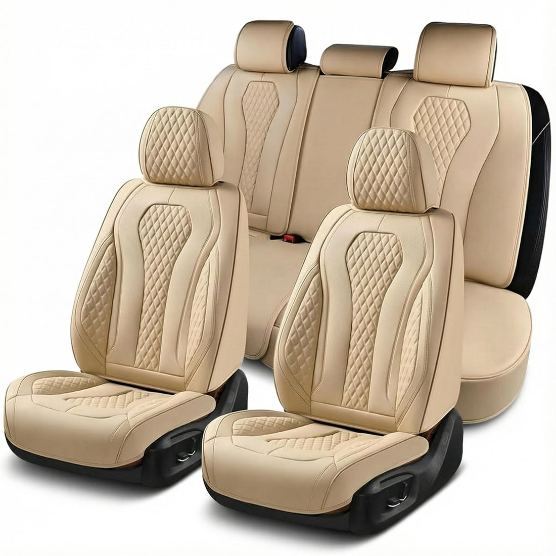 Set 5 Huse Scaune Auto Elindor® Universale, Husa pentru Protectie Sezut si Spatar Scaun Fata si Bancheta Spate, Impermeabila, Piele Nappa, Accesorii Masina Huse Interior, Bej