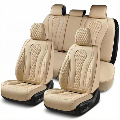 Set 5 Huse Scaune Auto Elindor® Universale, Husa pentru Protectie Sezut si Spatar Scaun Fata si Bancheta Spate, Impermeabila, Piele Nappa, Accesorii Masina Huse Interior, Bej